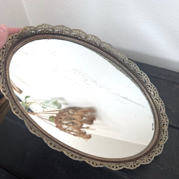 Vintage Ormolu Gold Filigree Oval Vanity Mirror Tray 1960s 1970s Dresser Display - Picture 2 of 9